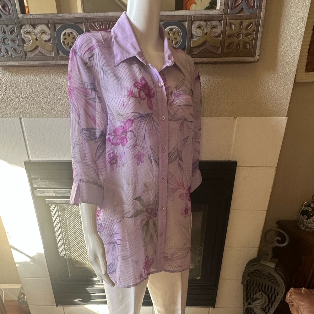 MAGGIE SWEET Large Sheer PURPLE Floral Crinkle BLOUSE BUTTON UP VTG